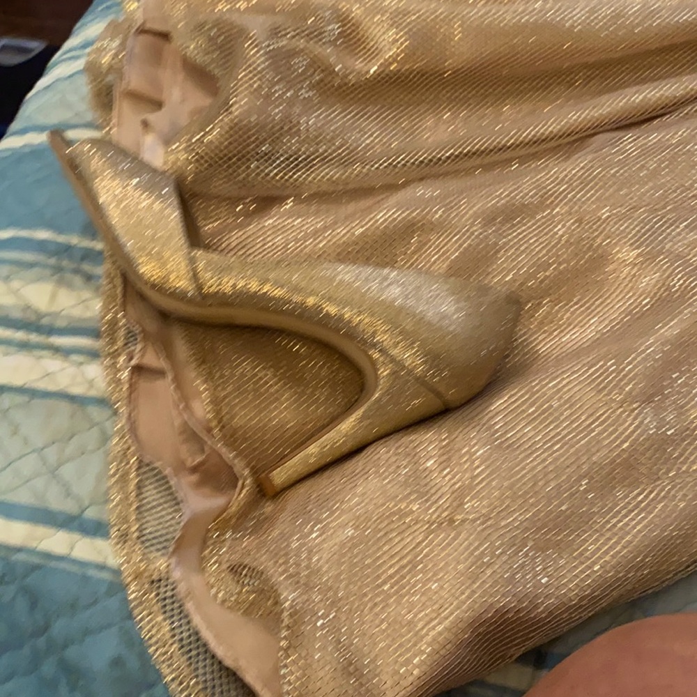 Hailey Logan gold dress and gold Kelly& Katie shoe